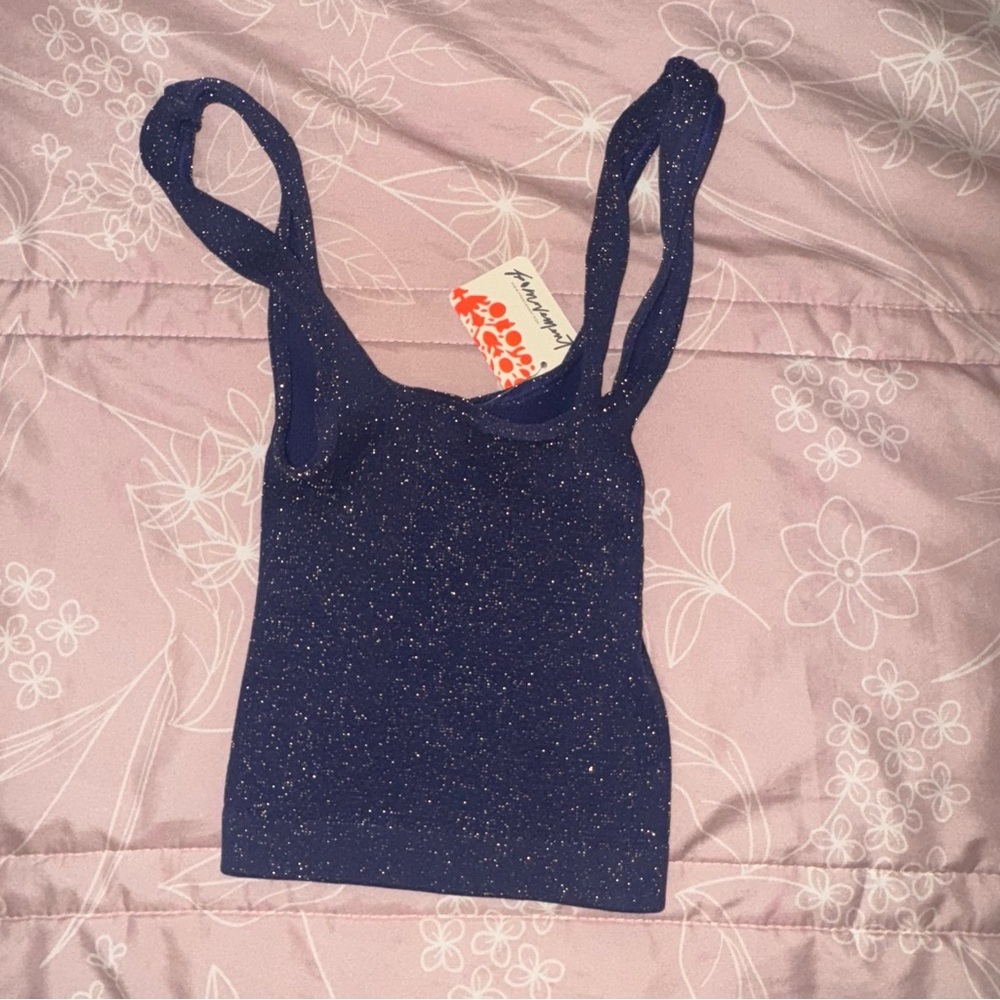 free people happiness runs square neck lurex navy blue sparkle M/L NWT - Picture 3 of 5